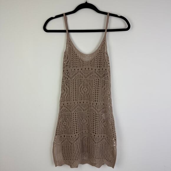 Womens Crochet Knit Sleeveless Bohemian Swimsuit Tan Coverup Mini Dress Medium - Picture 1 of 7